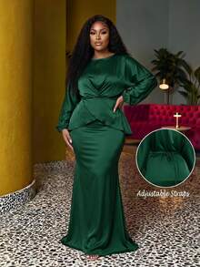 Veslaya Dark Green Autumn Elegant Wedding Guest Plus Size Women's Two Pieces Set,Crossover Front Off Shoulder Long Sleeve Top And Straight Long Skirt Outfit - Dark Green - View 1