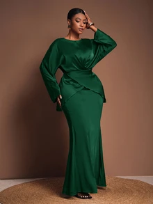 Veslaya Dark Green Autumn Elegant Wedding Guest Plus Size Women's Two Pieces Set,Crossover Front Off Shoulder Long Sleeve Top And Straight Long Skirt Outfit - Dark Green - View 4