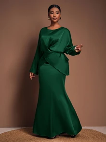 Veslaya Dark Green Autumn Elegant Wedding Guest Plus Size Women's Two Pieces Set,Crossover Front Off Shoulder Long Sleeve Top And Straight Long Skirt Outfit - Dark Green - View 3