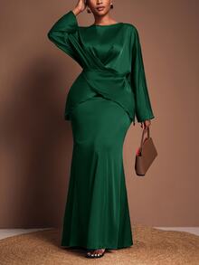 Veslaya Dark Green Autumn Elegant Wedding Guest Plus Size Women's Two Pieces Set,Crossover Front Off Shoulder Long Sleeve Top And Straight Long Skirt Outfit - Dark Green - View 8