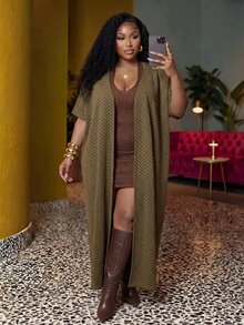 Veslaya Fall Women's Plus Size Casual Tummy Control Fit Breathable Elegant Brown Army Green Striped Long Cardigan Morning Vacation Olive Green - Multicolor - View 4