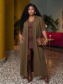 Veslaya Fall Women's Plus Size Casual Tummy Control Fit Breathable Elegant Brown Army Green Striped Long Cardigan Morning Vacation Olive Green - Multicolor - View 6