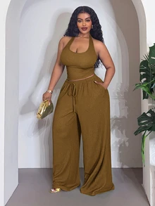 Veslaya Plus Size Summer Casual Sexy Elegant Baggy Backless Halter Top Long Pants Set Vacation Formal Brown Brunch Going Out - Army Green - View 7