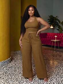 Veslaya Plus Size Summer Casual Sexy Elegant Baggy Backless Halter Top Long Pants Set Vacation Formal Brown Brunch Going Out - Army Green - View 1