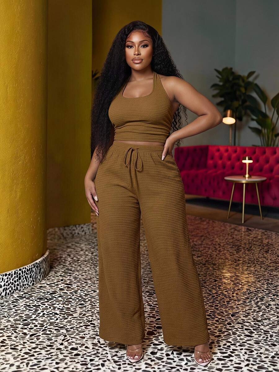 Veslaya Plus Size Summer Casual Sexy Elegant Baggy Backless Halter Top Long Pants Set Vacation Formal Brown Brunch Going Out - Army Green - View 1