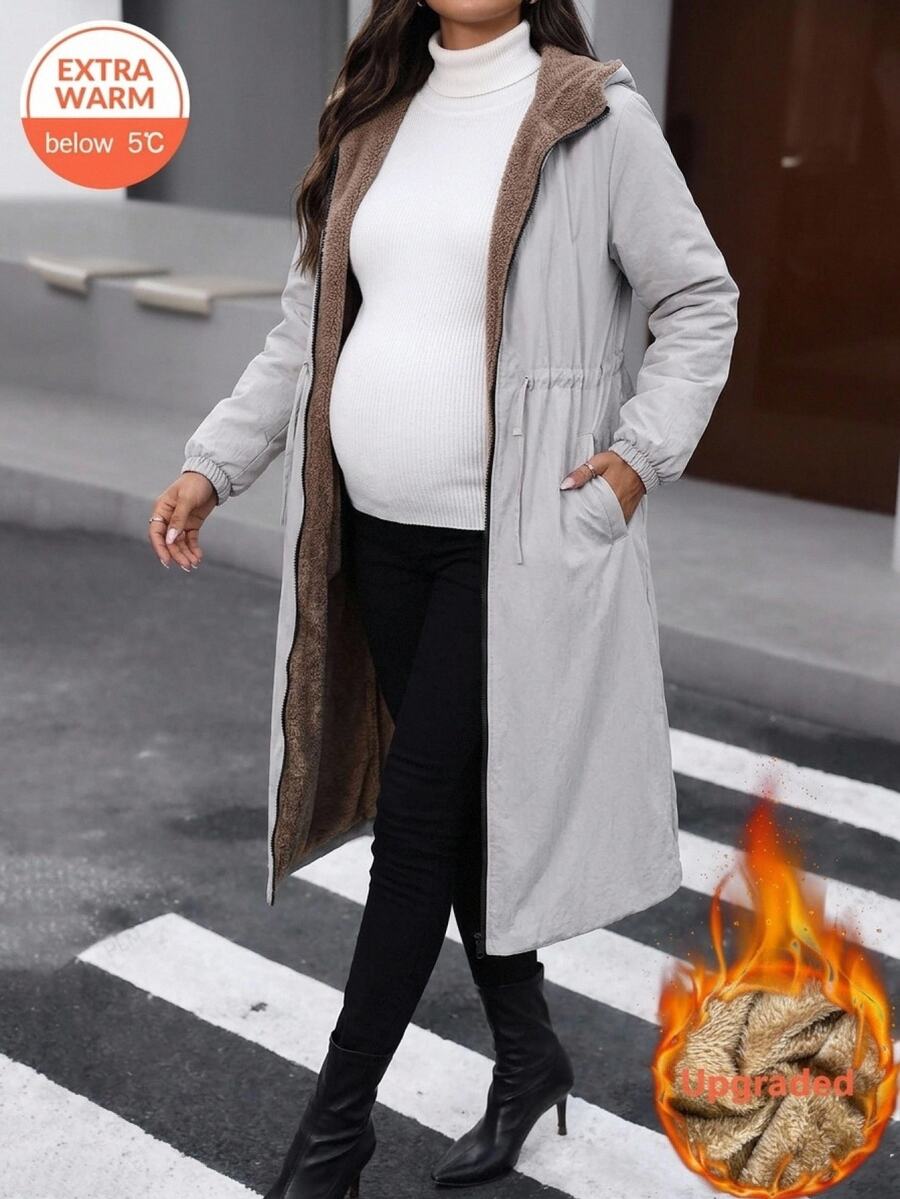 SHEIN Winter Maternity Solid Color Drawstring Waist Zipper Front Long Sleeve Long Coat Winter - Dusty Purple - View 1