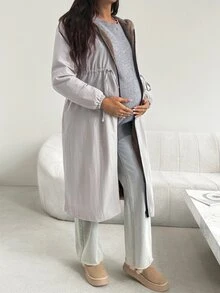 SHEIN Winter Maternity Solid Color Drawstring Waist Zipper Front Long Sleeve Long Coat Winter - Dusty Purple - View 4