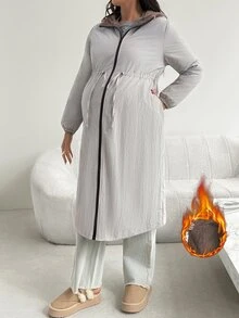SHEIN Winter Maternity Solid Color Drawstring Waist Zipper Front Long Sleeve Long Coat Winter - Dusty Purple - View 2