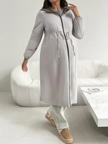 SHEIN Winter Maternity Solid Color Drawstring Waist Zipper Front Long Sleeve Long Coat Winter - Dusty Purple - View 8