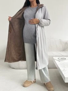 SHEIN Winter Maternity Solid Color Drawstring Waist Zipper Front Long Sleeve Long Coat Winter - Dusty Purple - View 9