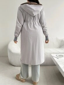 SHEIN Winter Maternity Solid Color Drawstring Waist Zipper Front Long Sleeve Long Coat Winter - Dusty Purple - View 3