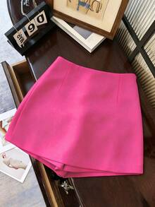Franclia Fashionable Casual Commuter Versatile Textured Soft Fabric High Waist Slit Gray Women Shorts/Skirt/Culottes/Hot Pants, Spring/Autumn - Hot Pink - View 2