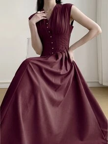 Heiryn V-Neck, Waist Ruched, A-Line Silhouette Elegant Romantic Versatile Commuter Dress Tea Party Brunch Date Night Rose Red Summer - Burgundy - View 7