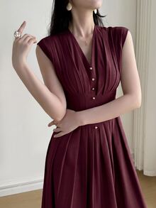 Heiryn V-Neck, Waist Ruched, A-Line Silhouette Elegant Romantic Versatile Commuter Dress Tea Party Brunch Date Night Rose Red Summer - Burgundy - View 3