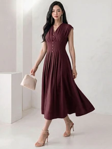 Heiryn V-Neck, Waist Ruched, A-Line Silhouette Elegant Romantic Versatile Commuter Dress Tea Party Brunch Date Night Rose Red Summer - Burgundy - View 1