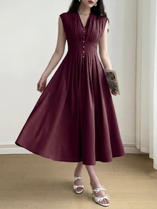 Heiryn V-Neck, Waist Ruched, A-Line Silhouette Elegant Romantic Versatile Commuter Dress Tea Party Brunch Date Night Rose Red Summer - Burgundy - View 2
