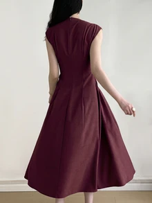 Heiryn V-Neck, Waist Ruched, A-Line Silhouette Elegant Romantic Versatile Commuter Dress Tea Party Brunch Date Night Rose Red Summer - Burgundy - View 6