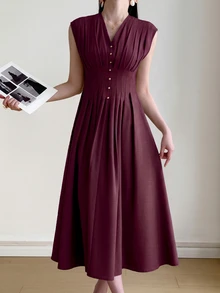Heiryn V-Neck, Waist Ruched, A-Line Silhouette Elegant Romantic Versatile Commuter Dress Tea Party Brunch Date Night Rose Red Summer - Burgundy - View 5