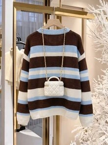 GlowEve CURVE Plus Size Women's Autumn/Winter Striped Colorblock Knit Cardigan, Loose Fit Flattering Plus Size Sweater, Suitable For Outings, Casual Daily Wear And More - Blue - View 2