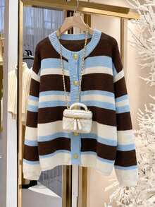 GlowEve CURVE Plus Size Women's Autumn/Winter Striped Colorblock Knit Cardigan, Loose Fit Flattering Plus Size Sweater, Suitable For Outings, Casual Daily Wear And More - Blue - View 1