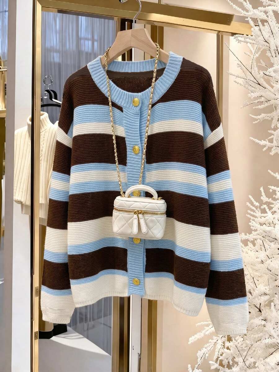 GlowEve CURVE Plus Size Women's Autumn/Winter Striped Colorblock Knit Cardigan, Loose Fit Flattering Plus Size Sweater, Suitable For Outings, Casual Daily Wear And More - Blue - View 1