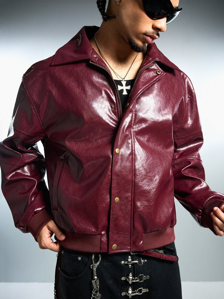 ROMWE MEN Street Life Men's Street Style Button Long Sleeve Pocket PU Material Jacket - Burgundy - View 1