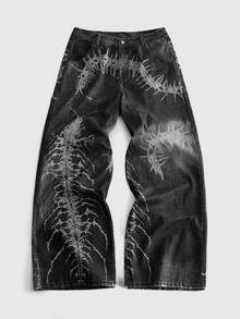 ROMWE MEN Goth 男士休閒水洗做舊印花牛仔長褲 - 淺藍色 - 查看 8