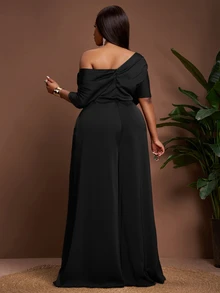 Veslaya Summer Easter St. Patrick's Day Birthday Party Graduation Beach Party Elegant Banquet Asymmetric Shoulder Satin Jumpsuit Wide Leg Pants Black - Black - View 2