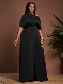 Veslaya Summer Easter St. Patrick's Day Birthday Party Graduation Beach Party Elegant Banquet Asymmetric Shoulder Satin Jumpsuit Wide Leg Pants Black - Black - View 6
