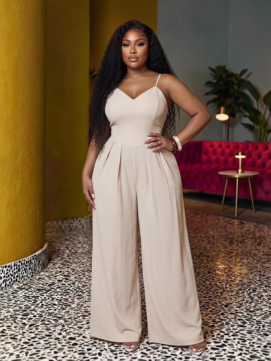 Veslaya Plus Size Women's Beige Spaghetti Strap V-Neck Backless Maxi ...