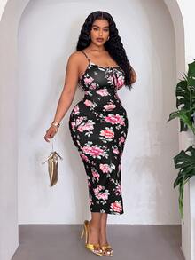 Veslaya Plus Size Women's Floral Print Elegant Waist-Cinched Party Cocktail Strap Dress Brown Gym - Multicolor - View 6