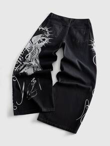 ROMWE MEN Street Life Men's Fashion Skull & Letter Print Denim Jeans - Black - View 9