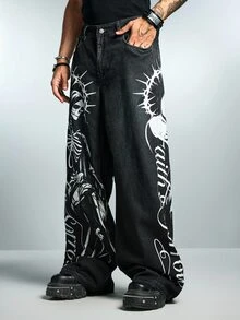 ROMWE MEN Street Life Men's Fashion Skull & Letter Print Denim Jeans - Black - View 4