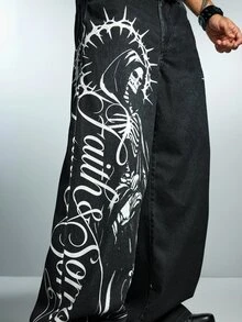 ROMWE MEN Street Life Men's Fashion Skull & Letter Print Denim Jeans - Black - View 2