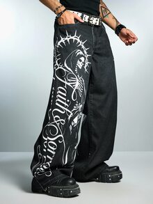 ROMWE MEN Street Life Men's Fashion Skull & Letter Print Denim Jeans - Black - View 7