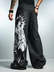 ROMWE MEN Street Life Men's Fashion Skull & Letter Print Denim Jeans - Black - View 3