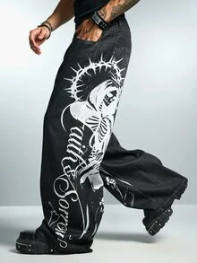ROMWE MEN Street Life Men's Fashion Skull & Letter Print Denim Jeans - Black - View 1