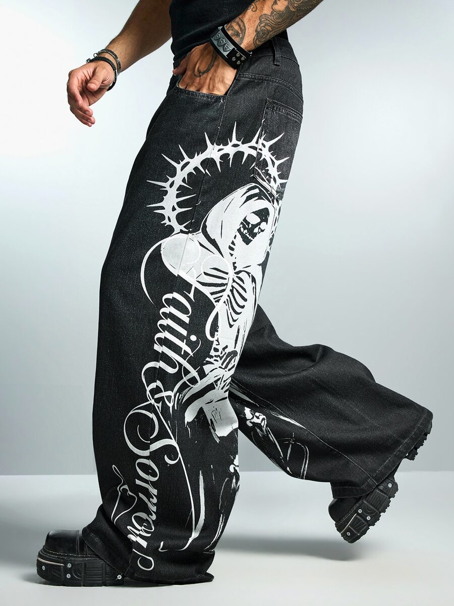 ROMWE MEN Street Life Men's Fashion Skull & Letter Print Denim Jeans - Black - View 1