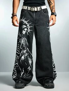 ROMWE MEN Street Life Men's Fashion Skull & Letter Print Denim Jeans - Black - View 5