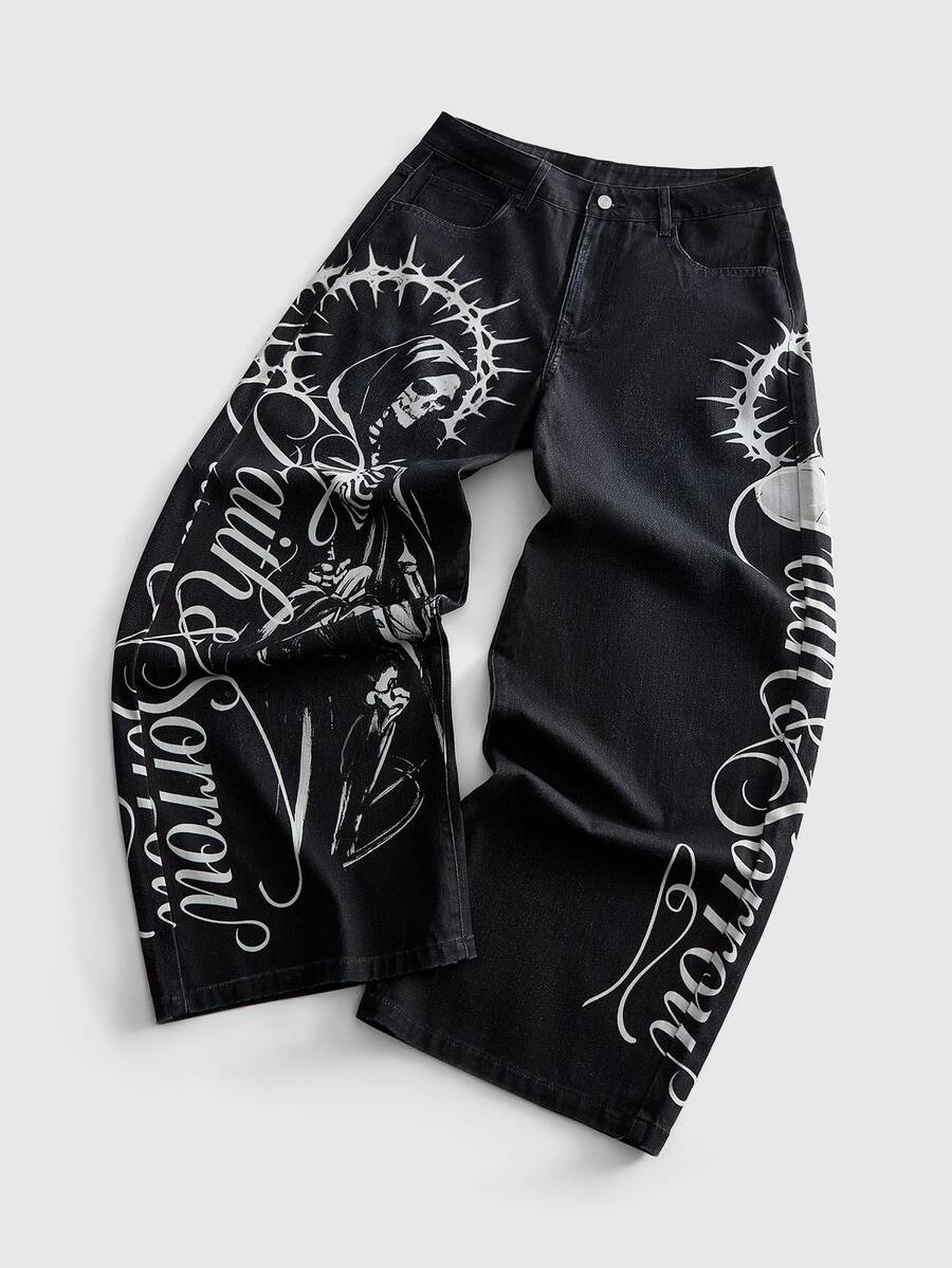 ROMWE MEN Street Life Men's Fashion Skull & Letter Print Denim Jeans - Black - View 1