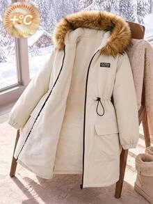SHEIN 少女秋冬休閒街頭風連帽拼接羅紋收腰口袋保暖內裡加厚中長版夾克外套 精緻優雅奶油白 - 杏色 - 查看 2