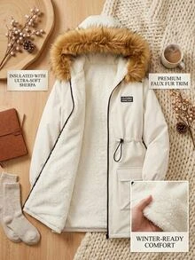 SHEIN 少女秋冬休閒街頭風連帽拼接羅紋收腰口袋保暖內裡加厚中長版夾克外套 精緻優雅奶油白 - 杏色 - 查看 4
