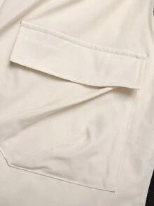 SHEIN 少女秋冬休閒街頭風連帽拼接羅紋收腰口袋保暖內裡加厚中長版夾克外套 精緻優雅奶油白 - 杏色 - 查看 5