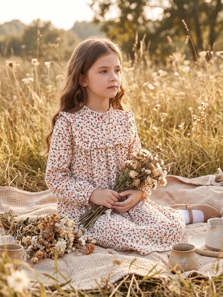 SHEIN Tween Girls Fall Cotton Dress Ditsy Floral Digital Print Ruffled Collar Long Sleeve Vintage Party White And Blue Floral Thanksgiving - Multicolor - View 8