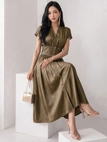 Heiryn 女士纯色V领褶皱腰身优雅中长连衣裙，适合派对穿着 - 駝色 - 查看 2