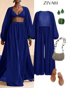 Zivah 2026 Vacation Casual Beach Elegant Shirt And Wide Leg Pants Coverup Set Summer - Royal Blue - View 9