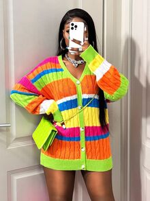 BamGleam Women's Cardigan Sweater, Button Closure, Cable Knit Striped Colorblock, Sexy Casual Minimalist Sporty Street Style Jacket Fall Winter Cloth For Women - Multicolor - View 4