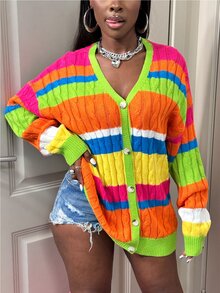 BamGleam Women's Cardigan Sweater, Button Closure, Cable Knit Striped Colorblock, Sexy Casual Minimalist Sporty Street Style Jacket Fall Winter Cloth For Women - Multicolor - View 5