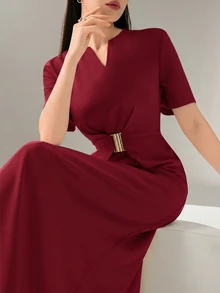 Heiryn Women's Solid Color V-Neck Short Sleeve Waist Metal Decor Elegant Dress Office Dinner Burgundy Summer - Burgundy - View 7