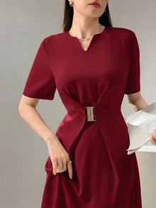 Heiryn Women's Solid Color V-Neck Short Sleeve Waist Metal Decor Elegant Dress Office Dinner Burgundy Summer - Burgundy - View 8